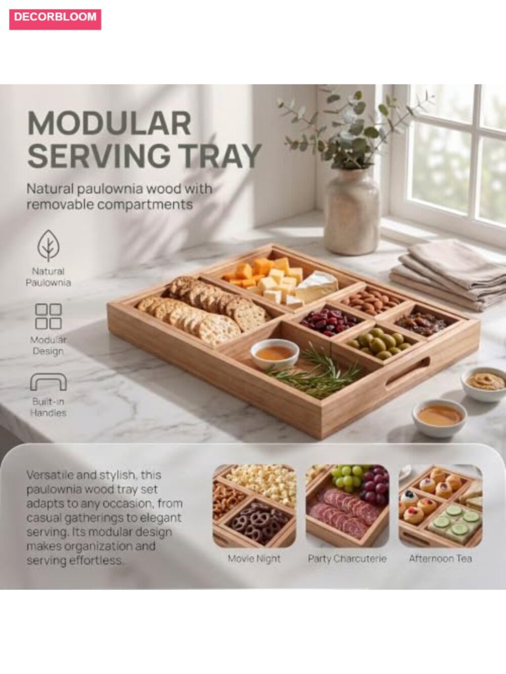 Natural Paulownia Wood Serving Tray 9-Compartment with Handles - Picture 4 of 6